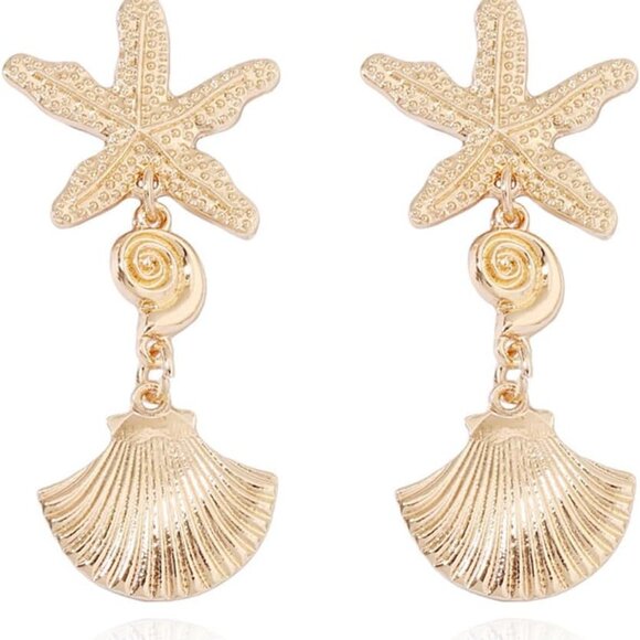 Gold Starfish Shell Dangle Earrings for Women - Beach Jewelry, Lightweight, Perf - Picture 1 of 7